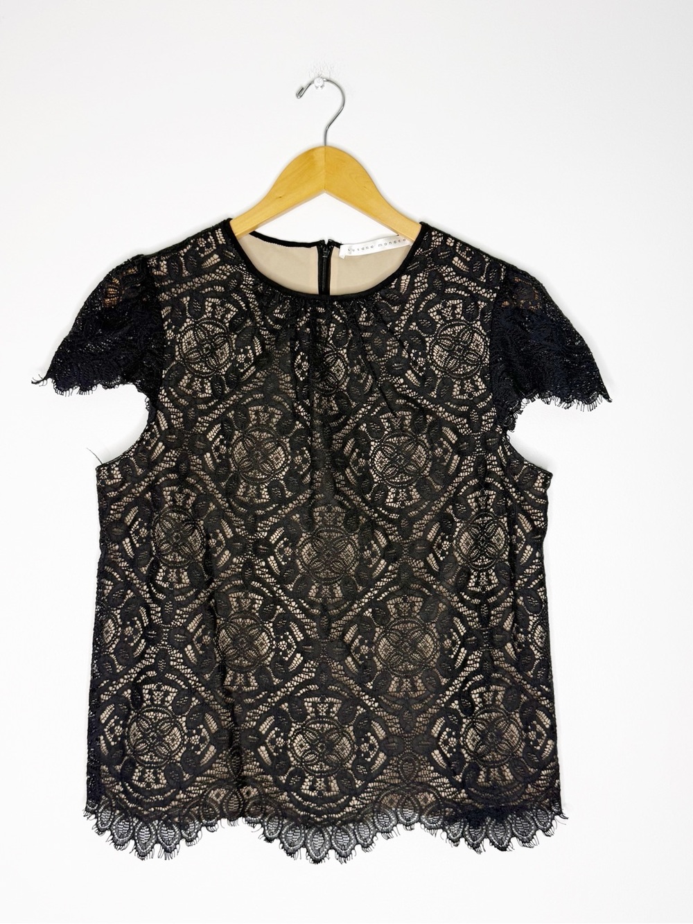 Susana Monaco Black Lace Overlay Blouse Nude Lining Cap Sleeve Size 8
